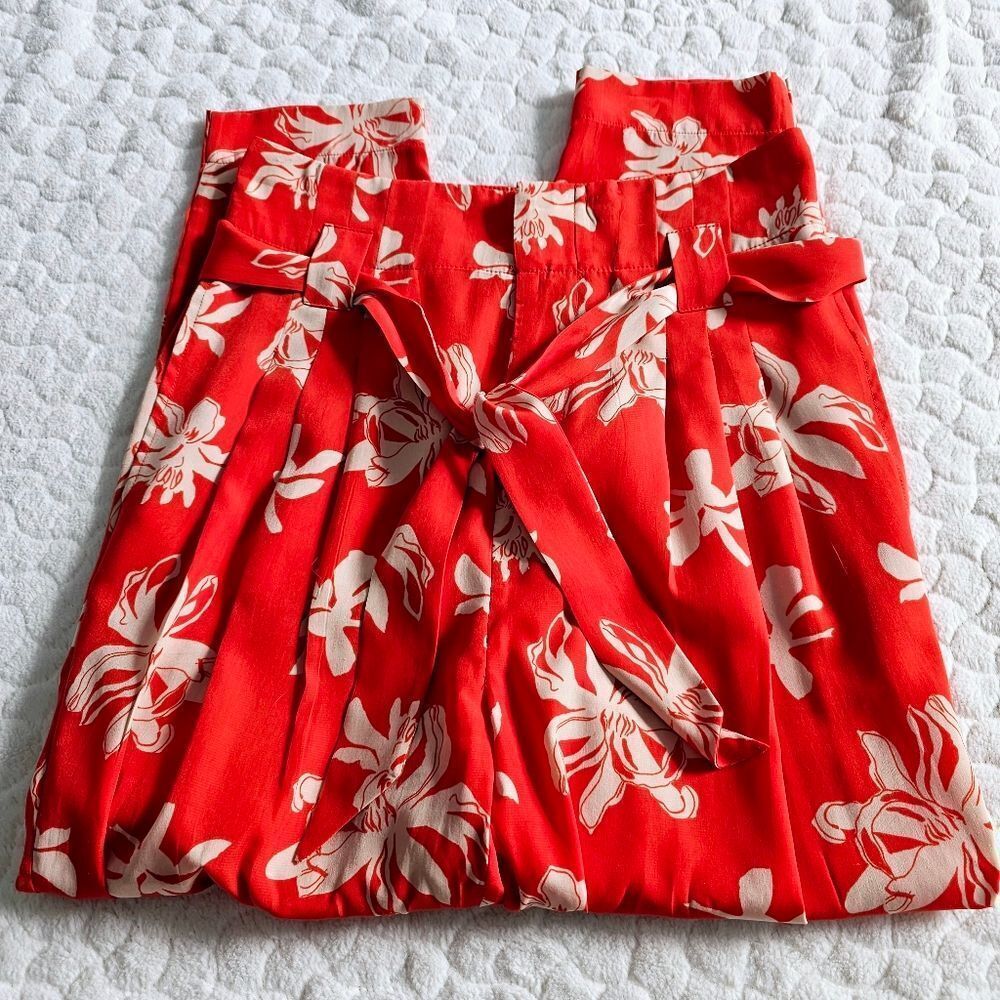 Viva Vena orange orchid pants floral pleated tie waist 2 26 - Picture 2 of 8